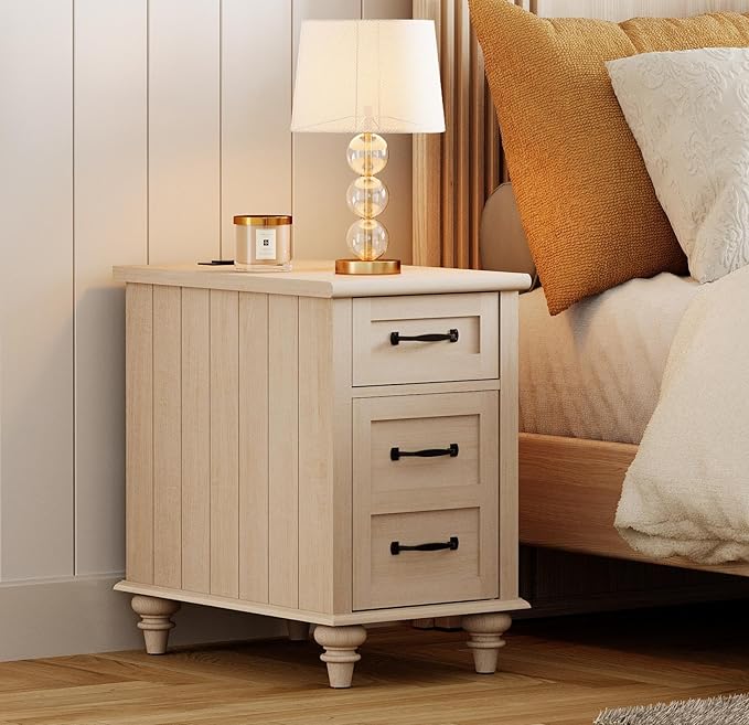 WAMPAT Beige End Table with Charging Station, Wooden Side Table with Storage Cabinet & Drawer, Elegant Nightstand with Power Outlets & USB Ports for Bedroom, Living Room