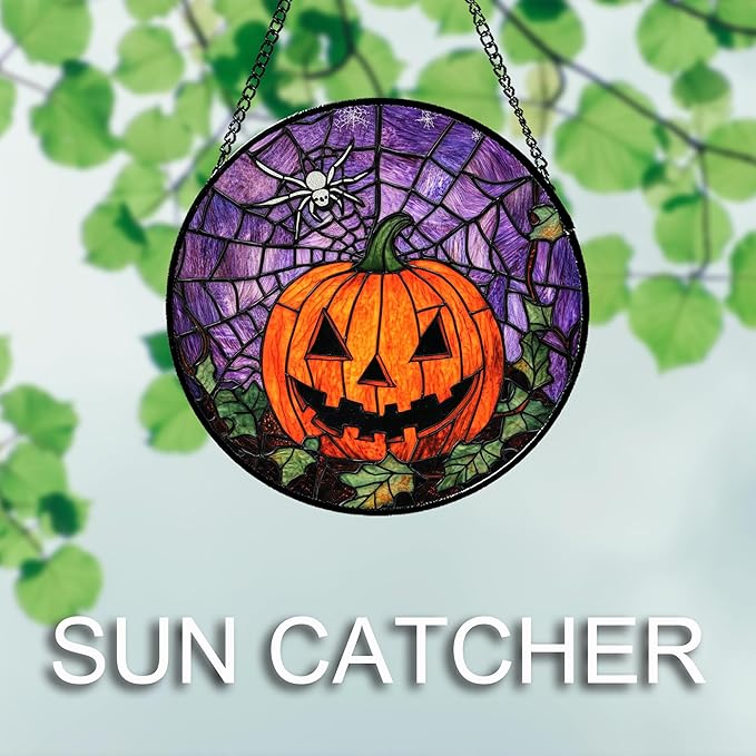 Stained Glass Window Hanging Halloween Golden Yellow Horror Pumpkin 6.3" - Suncatcher Door Garden Sunroom Gothic Style Sun Catcher Birthday for Friend Mom Men Woman Nana