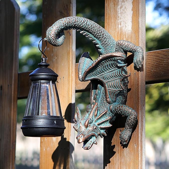 Solar Dragon Tree Hugger Statue Wall Decor - Gothic Garden Statue with Solar Lantern, Outdoor&Yard Decor, Fantasy Dragon Figurine for Trees, Walls, or Fences - Unique for Men & Women