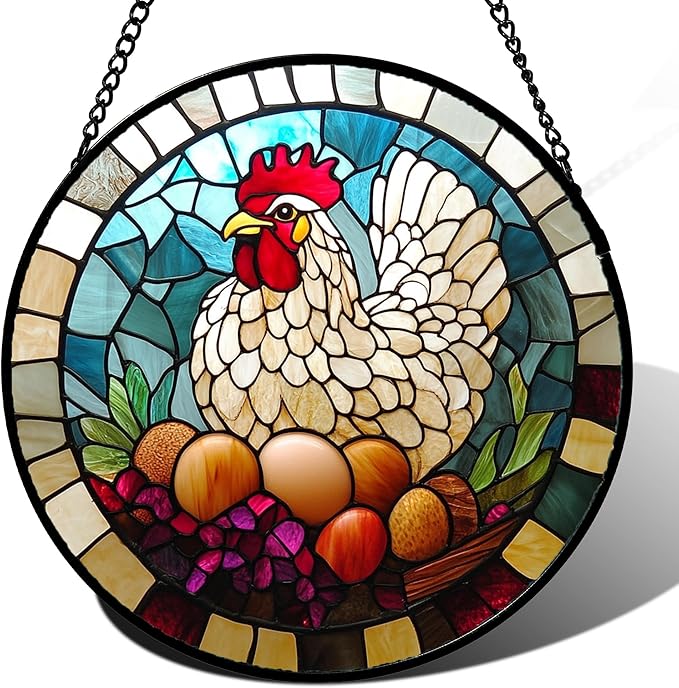 Stained Glass Window Hanging White Chicken Hatching Eggs 9.8" - Suncatcher Door Garden Sunroom Sun Catcher Home Decor Birthday Christmas for Mom Men Woman Nana
