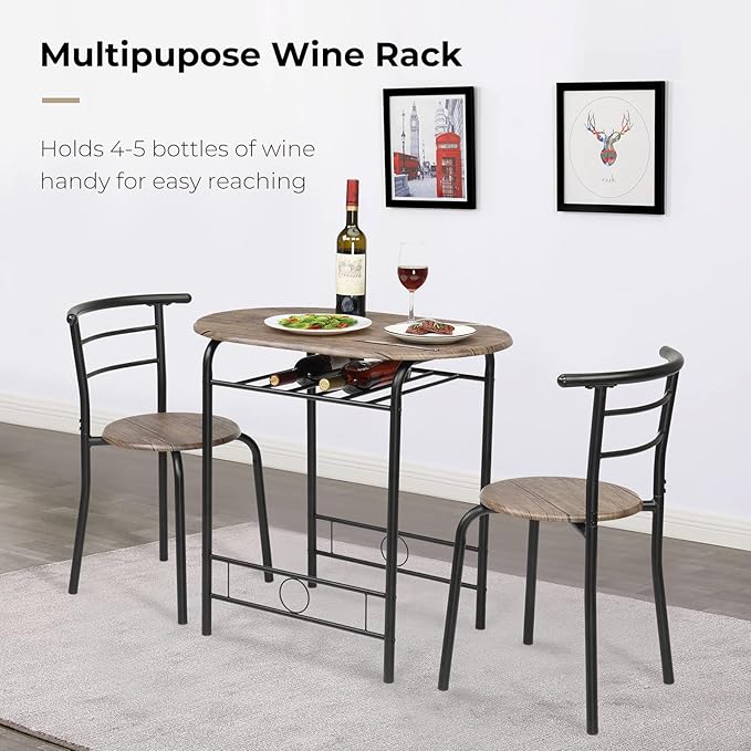 VINGLI 3 Piece Dining Set,Small Kitchen Table Set for 2,Breakfast Table Set for 2,Kitchen Wooden Table and 2 Chairs for Small Space/Dining Room/Apartment,Metal Frame,Wine Rack,Rustic