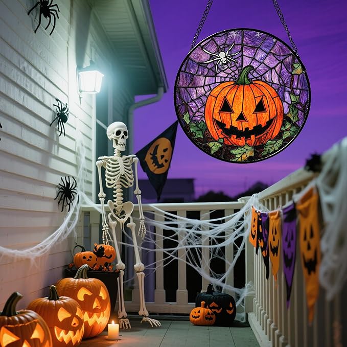 Stained Glass Window Hanging Halloween Golden Horror Pumpkin 11.8" - Suncatcher Door Garden Sunroom Black Spider Web Sun Catcher Birthday for Friend Mom Men Woman Nana