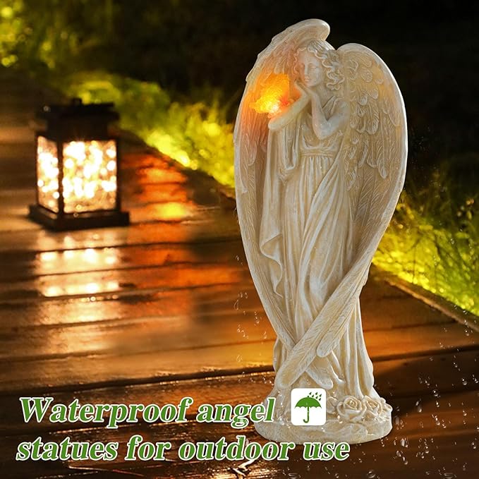 Angel Figurine, Large Angel Garden Statues Outdoor with Butterfly Solar LED Lights Lawn Decorations Yard Ornament Sculptural for Outside Patio Decor, Angel Gardening Gifts