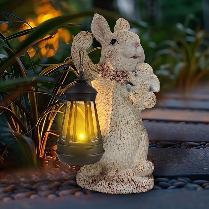 ILLUMINEW Solar Garden Statues Rabbit Lights, Outdoor Lighted Bunny Garden Decor Waterproof Figurines for Patio Porch Balcony Yard Lawn Lantern, Unique Easter Gifts for Mom Grandma Mother