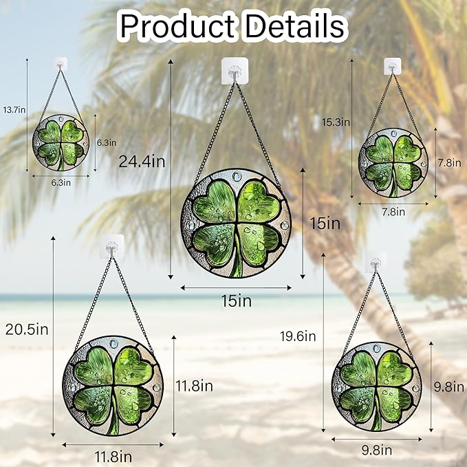 Stained Glass Window Hanging, Green Silver 4 Leaf Clover Sun Catcher for Window Door Home Decor Plant Suncatcher Christmas Mother's Day Birthday Gifts for Women Men Mom Nana 6.3 in