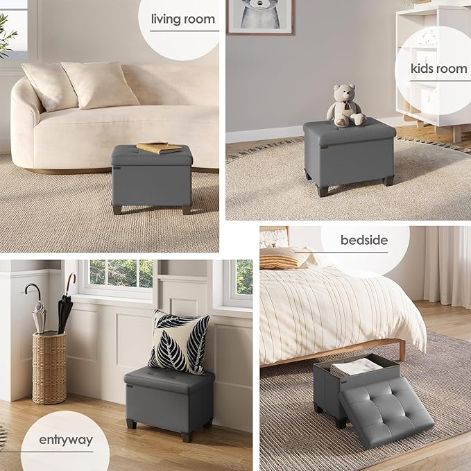 STORAGEBUD Storage Ottoman Cube with Small Bin, 16-in Square Ottoman with Storage for Living Room and Bedroom, Small Ottomans Foot Rest, Faux Leather Foot Stools Ottomans Max 330lbs, Grey