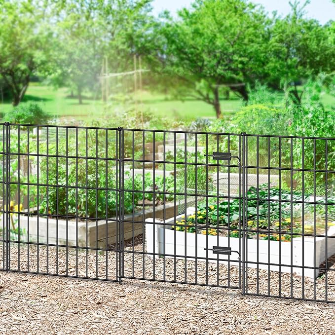 Metal Garden Fence with Gate 33.3in (H) x 23.3ft (L), 1 Gate + 9 Panels Dog Fence Border Fence Animal Barrier, No Dig Garden Fencing for Yard Flower Bed Lawn Patio Outdoor, PIN332810G Black