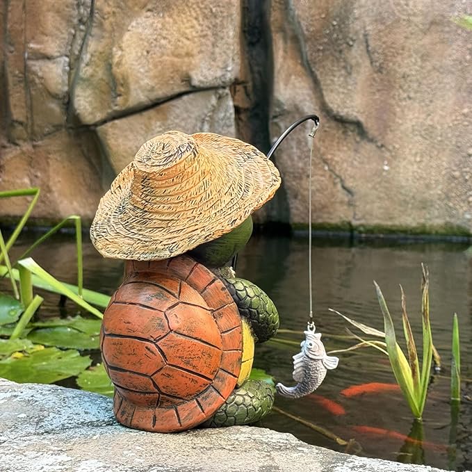 Turtle Decoration for Yard Outdoor Garden Decor 9.7 Inch Tall Fishing Turtle Statue for Koi Pond, Waterfalls or Poolside Ornaments, Fisher Animals Pond Decor, Gift for Mom & Women