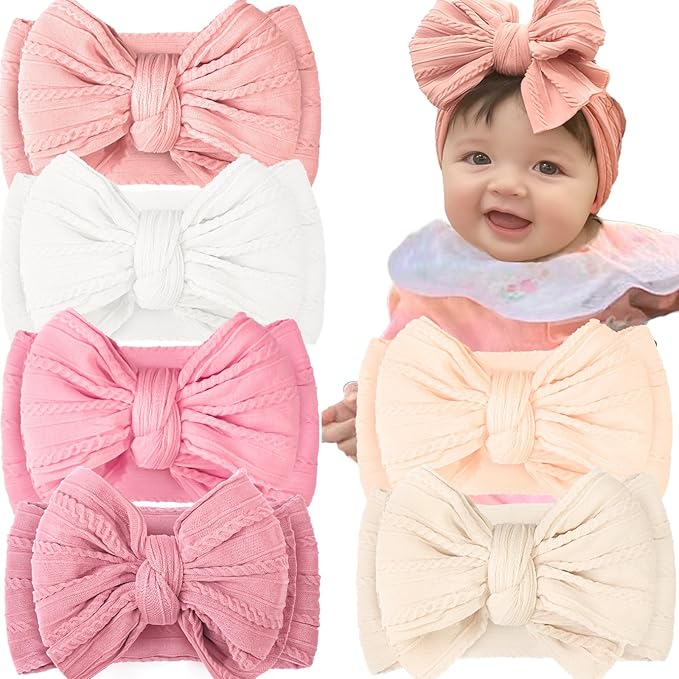 CÉLLOT 6 Pcs Baby Bows Headbands Nylon Hairbands Baby Girl Bows Hair Accessories for Newborn Infant Toddler Essentials (Classic Pink Series)