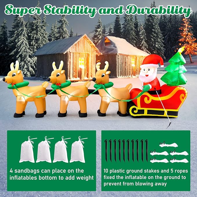 Sizonjoy Outdoor Christmas Inflatables Decorations,13 FT Lighted Christmas Inflatables Santa Claus on Sleigh with 3 Reindeer & Christmas Tree for Indoor Outdoor Home Holiday Yard Decorations