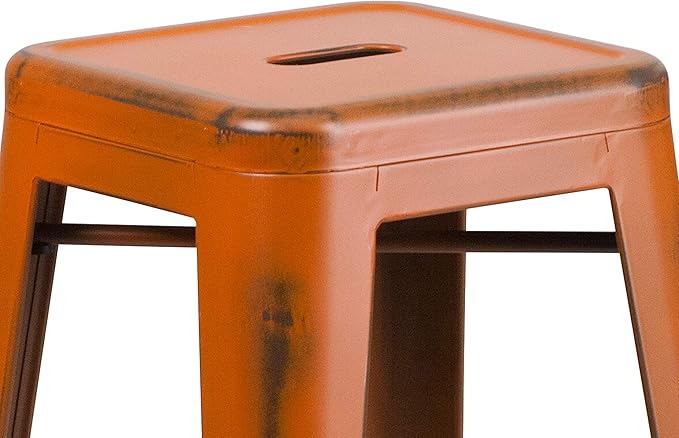 Flash Furniture Kai Commercial Grade 30" High Backless Distressed Orange Metal Indoor-Outdoor Barstool