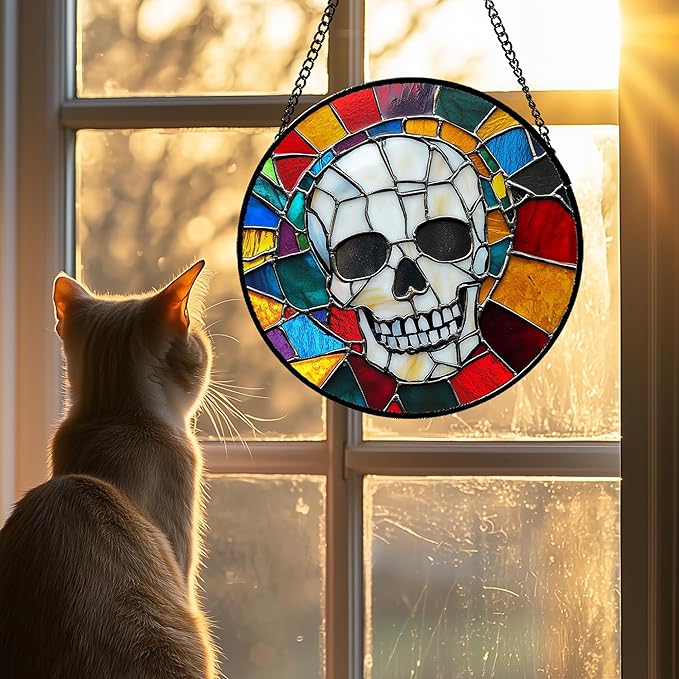 Stained Glass Window Hanging Halloween Horror White Skull Large 15" - Suncatcher Door Garden Kitchen Sun Catcher Home Gothic Decor Birthday for Mom Men Woman Friend Grandma