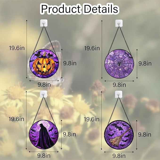 Stained Glass Window Hanging 4 Pcs Set Purple Gothic Theme 9.8" - Horror Halloween Suncatcher Door Garden Sun Catcher Decor Birthday White Elephant Gifts for Mom Woman Men Friend