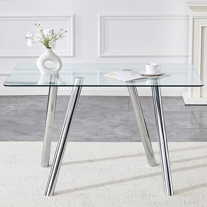Modern Glass Dining Table for 6, 51.2" Rectangular Dining Table with Tempered Glass Top & Metal Legs, Kitchen Table for Dinner Dining Room Living Room