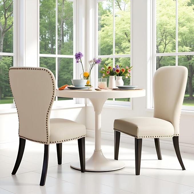 Alaterre Furniture Savoy Upholstered Dining Chairs – Set of 2 Parsons Style Accent Chairs with Cream Linen Fabric, Nailhead Trim, and Dark Stained Legs – for Dining Room, Desk, or Sitting Area