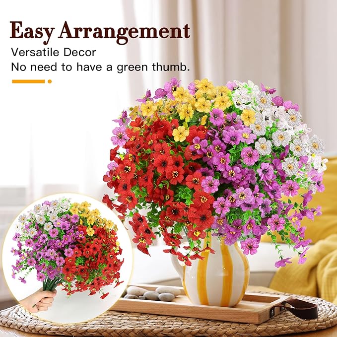 24 Bundles Artificial Flowers for Outdoors Decorations, Fake Flowers Artificial Plants Outdoor, Colorful Daisy Eucalyptus Realistic UV Resistant for Garden Patio Porch Home Decor