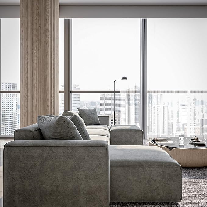 Acanva Luxury Modular Sectional Couch with Moveable Ottoman and Chaise, Modern Minimalist Style Sofa for Living Room, Apartments, U-Shape, Chenille Grey