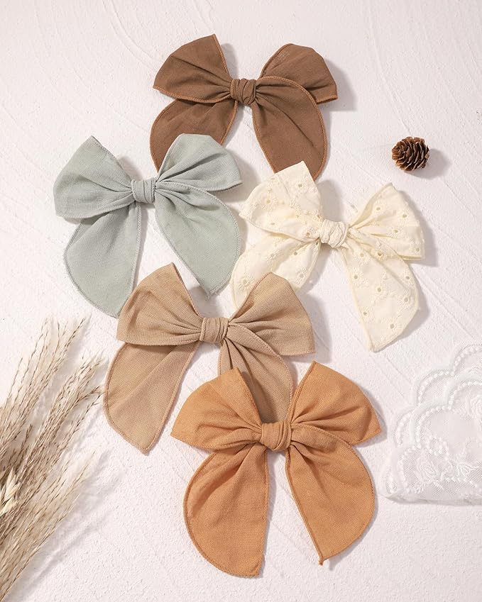 Doboi 8PCS Baby Girls Hair Clips Fable Hair Bows Cotton Linen Bows for Girls Hair Accessories for Baby Toddlers Kids （Includes Beige Cutout Hair Clip）