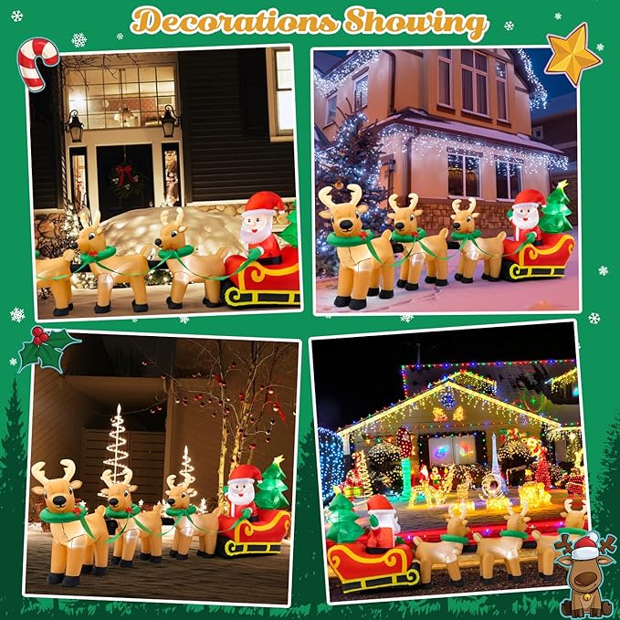 Sizonjoy Outdoor Christmas Inflatables Decorations,13 FT Lighted Christmas Inflatables Santa Claus on Sleigh with 3 Reindeer & Christmas Tree for Indoor Outdoor Home Holiday Yard Decorations