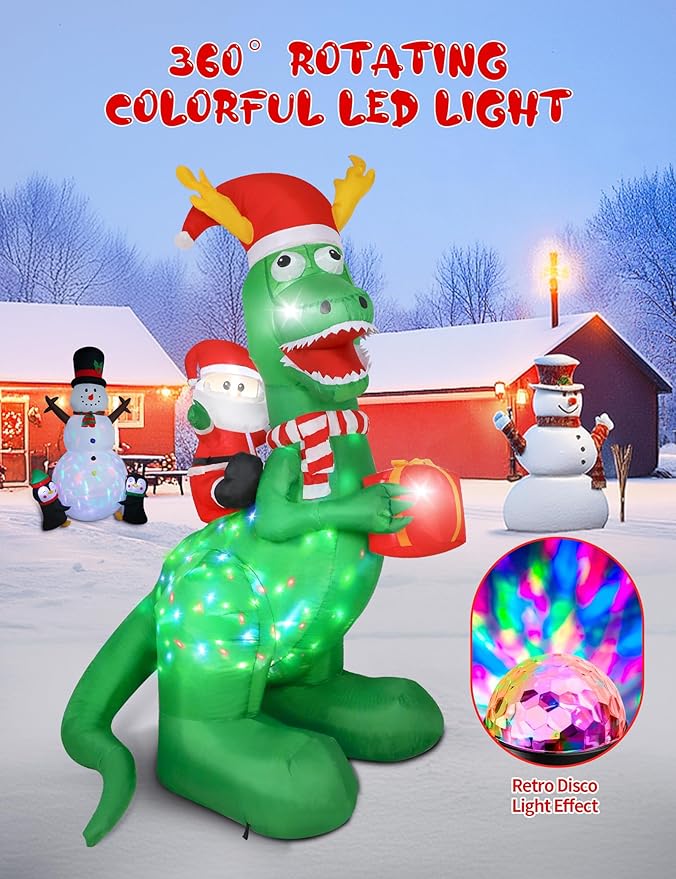 8ft Christmas Inflatables Dinosaur Outdoor Decorations with Bright LED and Disco Light, Santa Claus Riding Dinosaur Holding Gift Box, Outside Blow Up Decor for Xmas Holiday Party Yard Garden