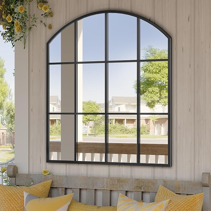 Wide Window Pane Mirror, 28" x 32" Black Arched Mirror for Wall, Large Grid Wall Mirrors for Living Room Bedroom Farmhouse Fireplace Hallway Entryway