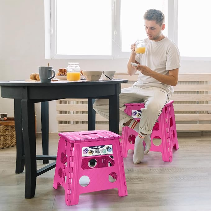 Delxo Folding Step Stool, 13 inch Non-Slip Foldable Stools for Kids & Adults Up to 300 LBS, Step Stool with Handle, Lightweight for Kitchen, Bathroom, Bedroom, Garden, Rose Pink, 1PC