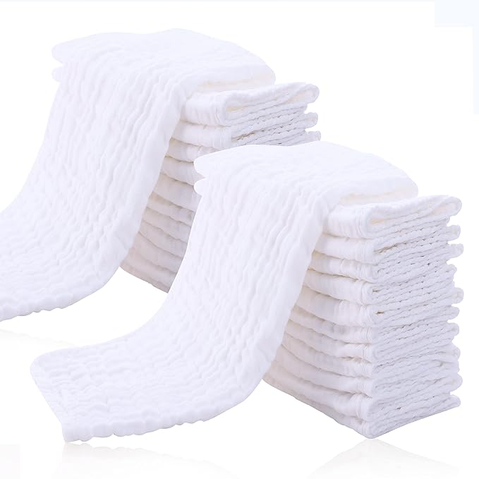 Cute Castle 24 Pack Muslin Baby Burp Cloths - Ultra-Soft 100% Cotton Baby Washcloths - Large 20'' by 10'' Super Absorbent Milk Spit Up Rags - Burpy Cloths for Unisex, Boy, Girl - White