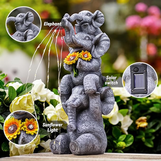 Solar Garden Decor Elephant Statue Outdoor, Luck Triple Elephant Decorations for Yard Porch Lawn Patio - Ideal Gifts for Women Mom Grandma Senior Elder or Birthdays 12"