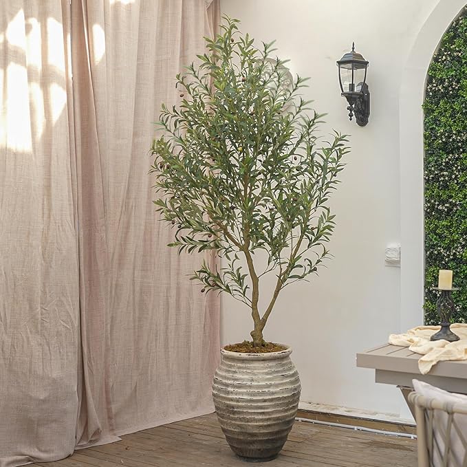 8FT Olive Tree Artificial Indoor, 96in Tall Faux Olive Tree with Pot, Fake Potted Tree with Fruits for Home Office Decor