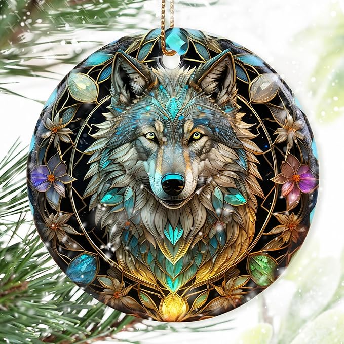 Colorful Ceramic Wolf Christmas Ornament, Wolf Ornaments for Christmas Tree, Holiday Decorations, Christmas Decor, Wolf Lovers, Wolf Gifts, Christmas Ornament Gift Ideas