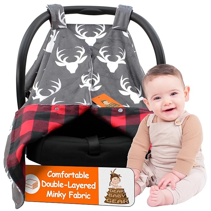 Dear Baby Gear - 40x30 Car Seat Canopy, Infant Carrier Cover for Boys & Girls, Cozy Fall, Nursing & Stroller Use, Newborn Travel Sunshade, White Antlers, Plaid Red & Black Buffalo