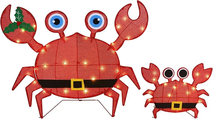 Prsildan Outdoor Christmas Decorations - Set of 2 LED Lighted Crab Yard Decor, 2D Battery Operated Holiday Lawn Figures for Porch, Garden, Home, Xmas Party Decor (Red)