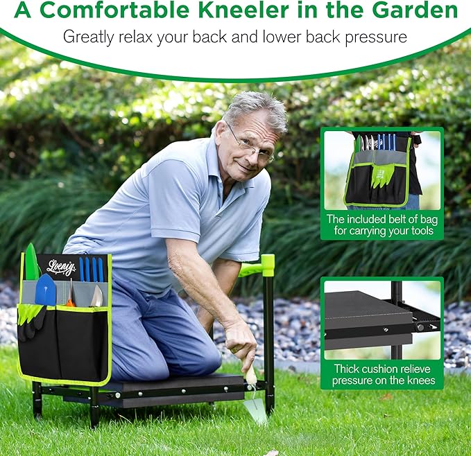 10.8” Wide Garden Kneeler and Seat, Heavy Duty Foldable Gardening Stool with Tool Belt Pouch, Portable Gardening Bench Chair for Seniors & Parents, Non-Slip & Easy Grip Design