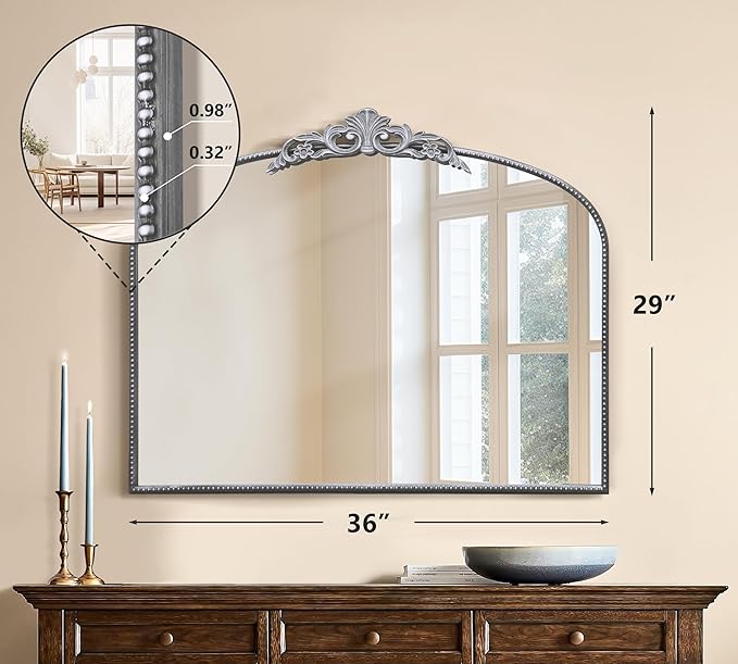 Micasso Vintage Ornate Baroque Mirror, 29" x 36" Large Silver Arched Wall Mirror for Bathroom, Living Room, Fireplace, and Bedroom