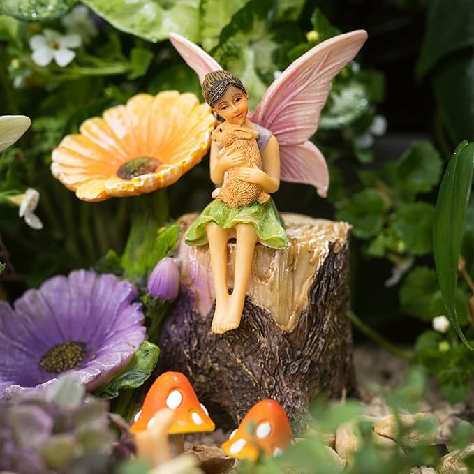 PRETMANNS Fairies for Fairy Garden - Colorful Accessories Kit for an Indoor or Outdoor Miniature Garden - 7 Piece Hand-Painted Resin Figurine Set with a Flower Stump & Mushrooms