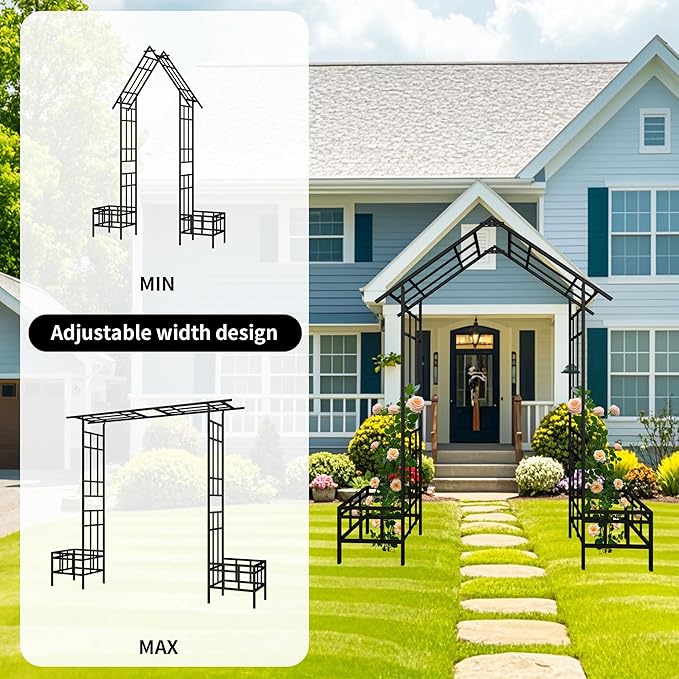 Metal Garden Arch with Plant Box Adjustable Width W68.11'' ~W94.29'' Garden Trellis Climbing Plants Support Rose Arch Outdoor Wedding Party Events Archway,Black