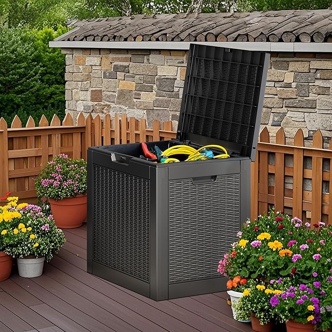 Outdoor Storage Box, Resin Deck Boxes Indoor and outdoor, Waterproof Storage Box Lockable Lid (Black, 31 Gallon)