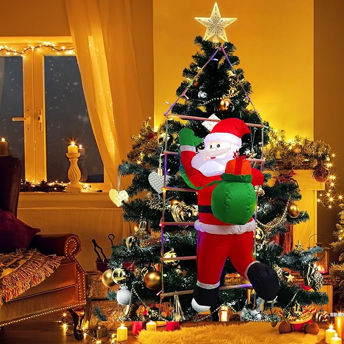 5 Ft Hanging Christmas Inflatables Decorations Santa Claus Climbing Decor - Hanging Santa with Gift Bag & Built-in LED Lights for Xmas Party, Lawn, Garden, Roof, Window Holiday Display