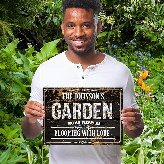 Custom Garden Blooming With Love Sign, Christmas Season, Personalized Name For Backyard/Flower Garden Décor Sign, 10x14 Inches, Rust Free .040 Aluminum, Fade Resistant, Made in USA by Sigo Signs