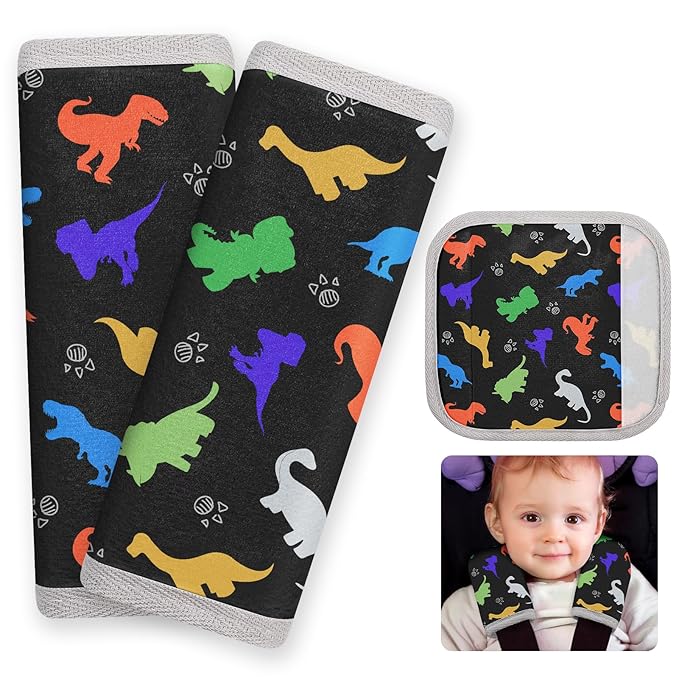 Seat Belt Cover Pad for Baby, Soft Seatbelt Cushion Covers for Kids 2Pcs Car Seat Strap Shoulder Pads for All Car Seats, Stroller, High Chair, Black Dinosaur