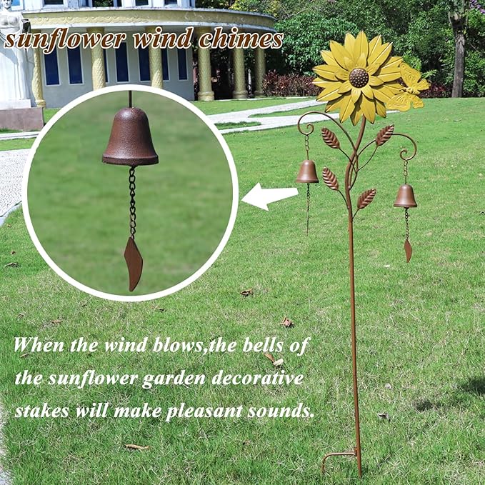 Sunflower Garden Stake with Bells, Decorative Garden Stakes for Garden Yard Patio Decor