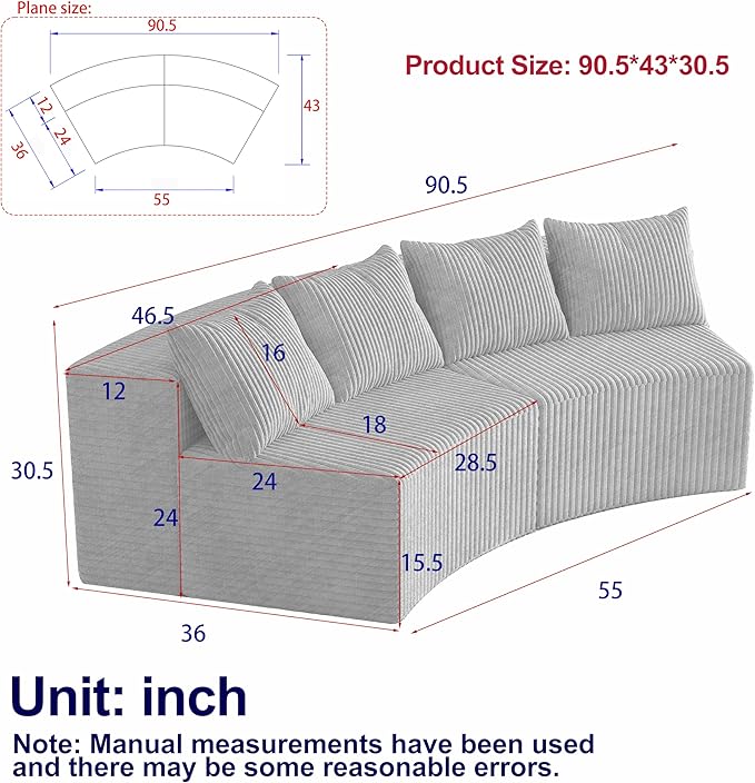 KEIKI Corduroy Curved Sectional Sofa, 2 Seater Symmetrical Modular Semi Circular Couch, Deep Seat Tufted Corner Sofa for Living Room, Lobby, Yellow