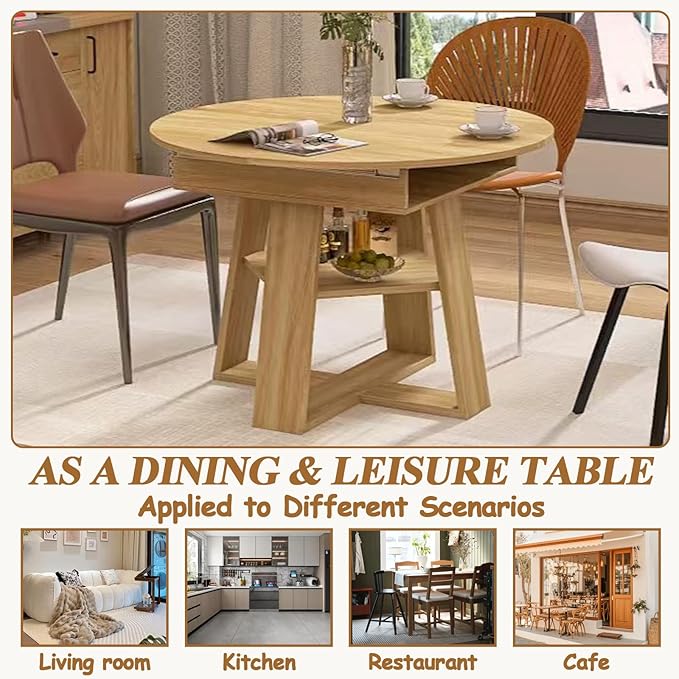 Round Dining Table for 4-8 People, 43.3"-59" Oval Dining Table Space Saving, Expandable Kitchen Table with Smooth Glide Mechanism Modern Design & Wood Base for Small Space (Natural)
