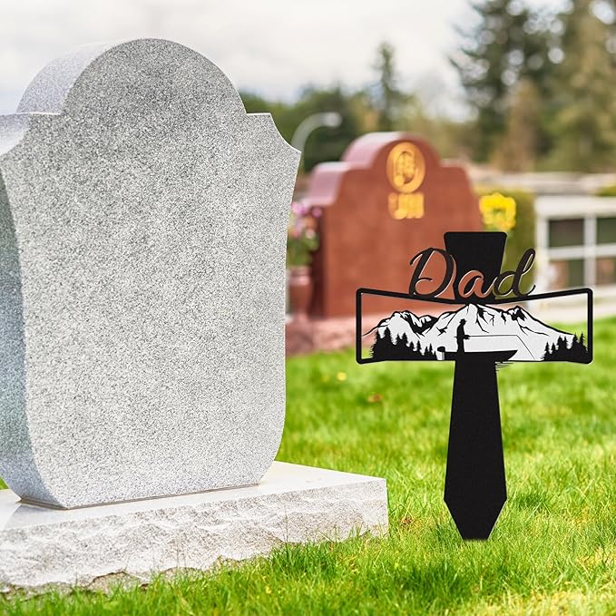 Dad Grave Decorations for Cemetery - Father Grave Markers for Humans Fishman Metal Memorial Sympathy Garden Stakes Plaques for Outdoors
