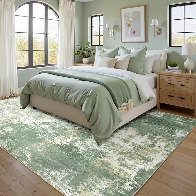 Washable Area Rugs 6'x9' Non-Slip Modern Abstract Soft for Living Room Entryway Bedroom Nursery, Print Pattern, Light Green/Yellow