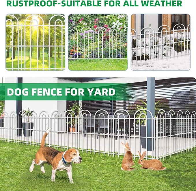 25 Panels Decorative Garden Fence, 32 in(H) X 50 ft(L) No Dig Dog Fence Outdoor for Yard, Rustproof Tall Metal Garden Fencing Animal Barrier with Ground Stakes, Temporary Fencing for Patio, White