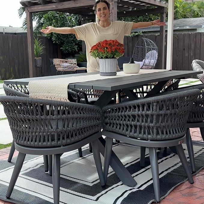PURPLE LEAF 7 Pieces Outdoor Dining Set All-Weather PE Rattan Outdoor Patio Furniture Set with All Aluminum Frame Rectangular Table and Chairs Set for Lawn Garden Backyard Deck, Grey
