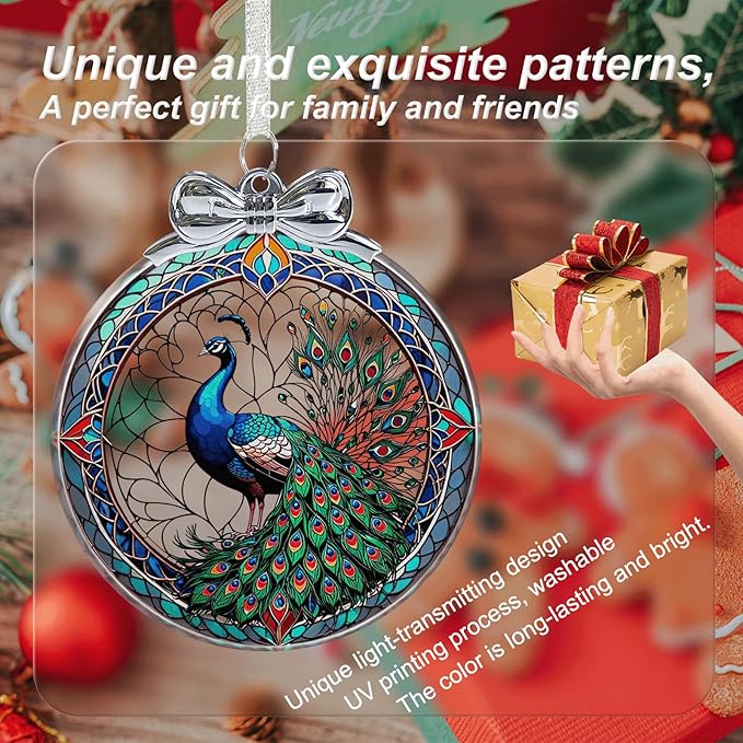 Peacock Christmas Ornament Glass- Hanging Ornaments for Christmas Tree, Christmas Ornaments Xmas Decorations for Peacock Lovers, Holiday Keepsake Present Exchange Ideas
