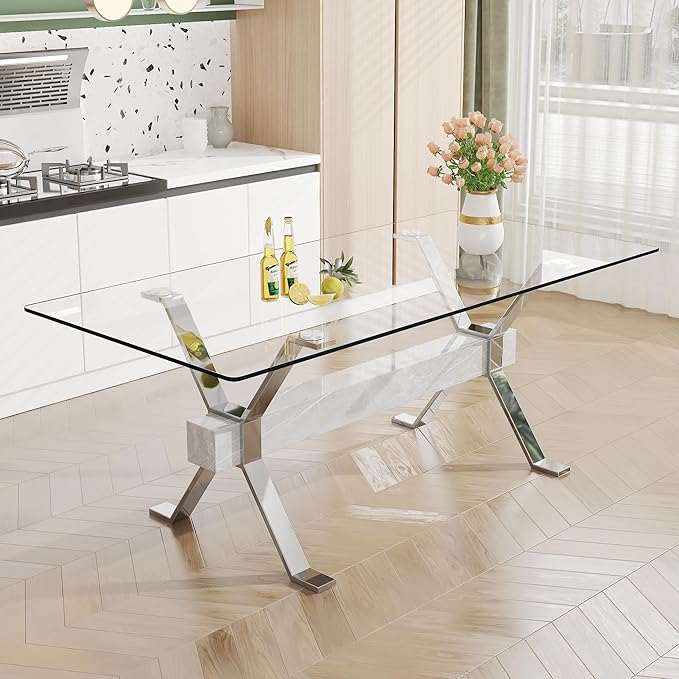 Modern Rectangular Glass Dining Table for 6-8 with Tempered Glass Tabletop and Silver Plated Metal Legs for Kitchen Dining Room(Silver4)