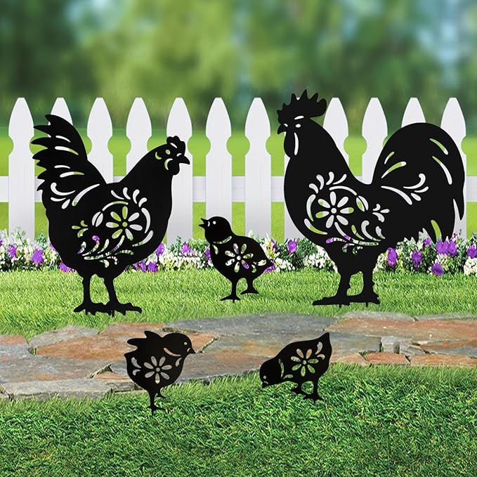 Metal Chicken Garden Decor Outdoor,5 Pack Rooster,Hen,Chicks Yard Art,Garden Statues for Outside (Chicken Black)